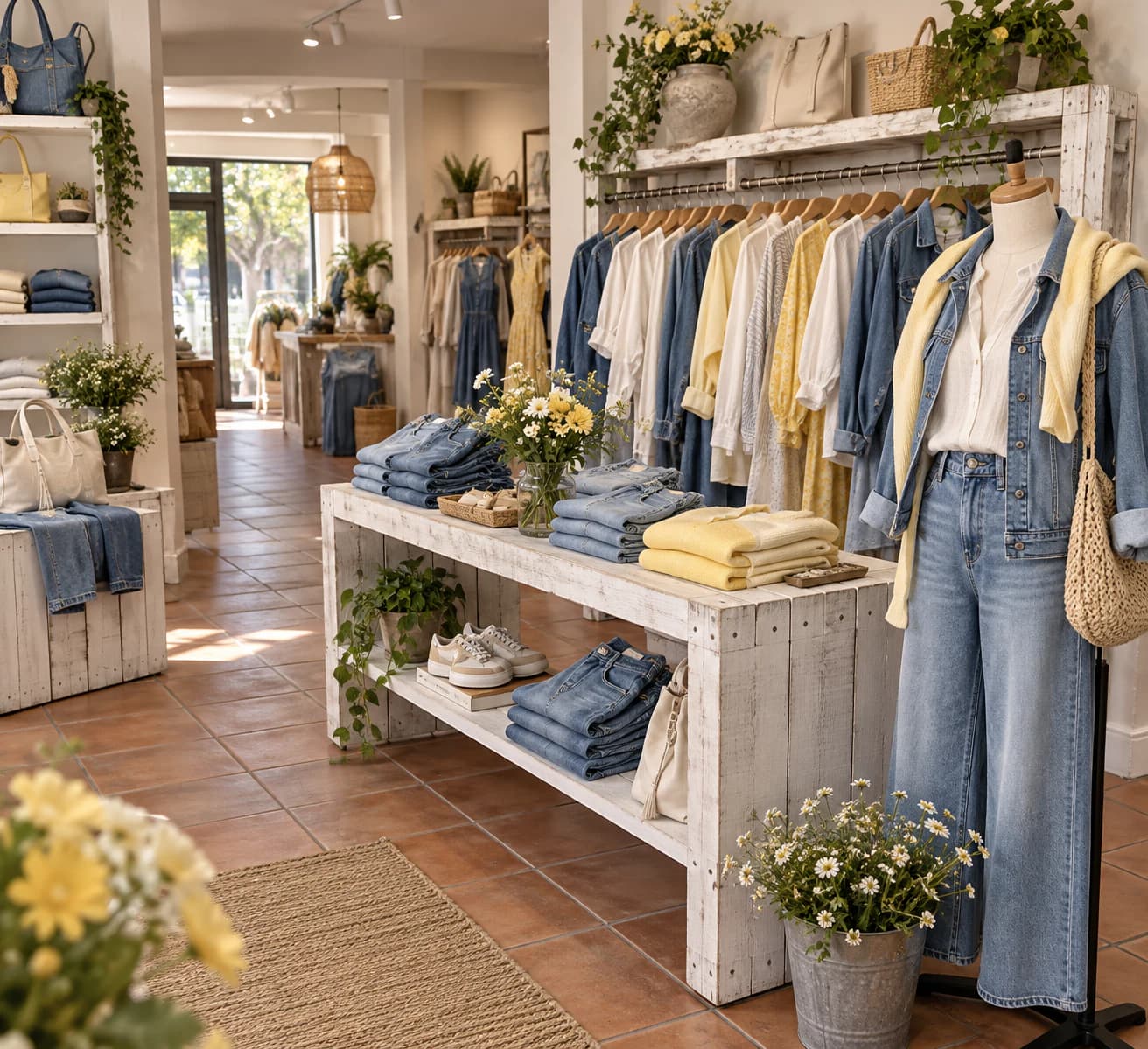 Interior luminoso de una boutique con prendas vaqueras y tonos amarillos